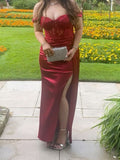 Simple Mermaid Off The Shoulder Burgundy Lace With Pleated Slit Long Prom Dresses Formal Gown Inspo Evening Outfit With Sleeves HZ0311