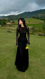 Women's Cocktail Party Gowns Mermaid Scoop Black Lace Long Graduation Dinner Outfits Prom Dresses HZ0311