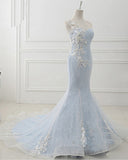 Baby Blue Sweep Train Lace Mermaid Evening Dresses, Formal Dress With Applique HZ0427