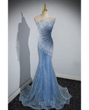 Stylish Mermaid Strapless Sequin Blue Scalloped Prom Dress HZ0311