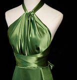 Simple A Line Halter Olive Green Satin Backless Long Prom Dresses Formal Party Dress Prom Gown HZ0311