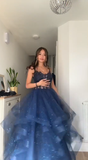 Unique Ball Gown Spaghetti Straps Navy Blue Tulle Lace Prom Dresses Party Dress 21st Birthday Outfits Graduation Dress HZ0311