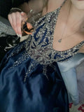 Special A Line V Neck Dark Navy Blue Satin Silver Beads Sequin Sleeveless Long Prom Dresses Inspo Prom Gown HZ0311