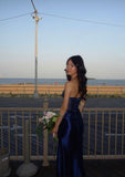Special Sheath Strapless Dark Navy Blue Satin Beads Sequin Sleeveless Long Prom Dresses Inspo Prom Gown HZ0311