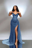 Sexy Senior Prom Dresses High Schools Inspo Mermaid Royal Blue Sweetheart Sequins Slit For Black Girls Semi Formal Grad Long Party Dress HZ0311