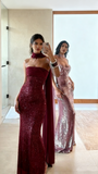Sparkle Prom Dresses Mermaid Strapless Sequins Mint Green Slit Back Fashion Long Prom Dresses Party Gowns With Scarf HZ0311