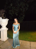Blue Satin Party Dress Off the Shoulder Long Sexy Prom Dresses Evening Dress HZ0311