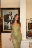 Romantic Green Sweetheart Halter Sleeveless Prom Dresses Mermaid Column With Appliques Beads HZ0311
