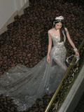 Luxurious Wedding Dresses Mermaid Scoop Neck With Beads Gem Silver Sequin Brides Dress For Brides Fitted Bridal Gown HZ0311