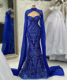 Gorgeous Mermaid Sweetheart Royal Blue Sequins Beaded Bodice Prom Dresses Long Formal Party Gown With Cape HZ0311
