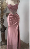 Pink Mermaid Prom Dresses Side Split Spaghetti Straps Sexy Special Dress Lace Appliques Crystals Beaded Party Gowns HZ0311