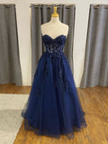 Strapless Open Back Navy Blue Lace Beaded Long Prom Dresses Formal Graduation Evening Dresses HZ0311