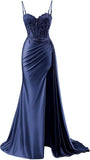 Mermaid Prom Dresses for Women Sparkly Satin Lace Appliques Formal Dress with Slit Spaghetti Straps HZ0311