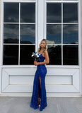 Vintage Mermaid Sleeveless Spaghetti Strap Royal Blue Sequin Long Slit Prom Dress Aesthetic For Senior Teens Party Outfits Prom Gown HZ0311