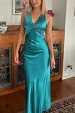 V-neck Turquoise Back Tie Sheath Long Prom Dresses Formal Party Dress Prom Gown HZ0311