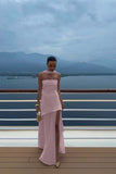 White Strapless Satin Chiffon Split Holiday Summer Prom Dress 18th Birthday Outfits HZ0311