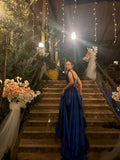 Custom Dark Blue Satin Corset Prom Dress Ruffle Princess Gown Elegant Evening Gowns with Slits HZ0311