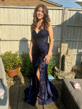Sparkly Mermaid Spaghetti Straps Navy Blue Lace Long With Slit Evening Party Gowns Special Formal Dresses Prom Dress HZ0311