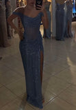 Sparkly Mermaid Off The Shoulder Blue Sequin Long Slit Evening Party Gowns Evening Dress Special Formal Dresses Prom Dress HZ0311