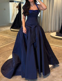 Chic Ball Gown Halter Navy Blue Satin Long/Floor-Length Satin Prom Dresses HZ0311