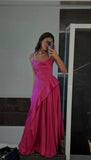 Princess A line Spaghetti Strap Hot Pink Satin Prom Dress Long Prom Gown HZ0311