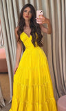 Modest A line Spaghetti Strap Yellow Satin Prom Dress Long Prom Gown HZ0311
