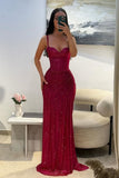 Glitter Bodycon Prom Dress with Sweetheart Neck Spaghetti Straps Ruched Side Slit For Teens High Schools HZ0311