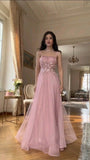 Elegant A line Spaghetti Strap Pink Tulle Prom Dresses For Teens Formal Dress Party Outfits Prom Gowns HZ0311
