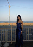 Special Sheath Strapless Dark Navy Blue Satin Beads Sequin Sleeveless Long Prom Dresses Inspo Prom Gown HZ0311
