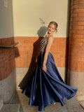 Special A Line V Neck Dark Navy Blue Satin Silver Beads Sequin Sleeveless Long Prom Dresses Inspo Prom Gown HZ0311