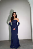 Classy Dark Navy Strapless Mermaid Prom Dress Detachable Sleeves With Beads Zipper Formal Gowns HZ0311