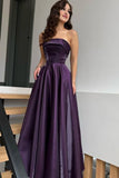 Glamorous Purple Strapless Sleeveless A-Line Prom Dresses Long Lace-Up Back With Pleats Formal Gowns HZ0311