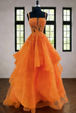Chic Ball Gown Spaghetti Strap Orange Tulle Lace Long Formal Fancy Prom Evening Dress Dinner Outfits Party Gowns For Teens HZ0311