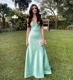 Modest Mermaid Spaghetti Straps Mint Green Satin Prom Dresses Inspiration Long Party Evening Dress 18th Birthday Outfits HZ0311