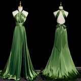 Simple A Line Halter Olive Green Satin Backless Long Prom Dresses Formal Party Dress Prom Gown HZ0311