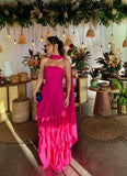 Graceful A line Fuchsia Strapless Pleated Sleeveless Prom Dress With Scarf Formal Evening Dress Party Gowns HZ0311