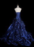 Vintage Ball Gown Strapless Navy Blue Satin Long Prom Dresses Senior Graduation Dance Evening Outfits HZ0311