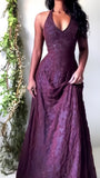 Vintage Mermaid Purple Lace Halter Prom Dresses Long Evening Party Dress Prom Gowns HZ0311