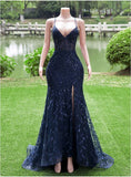 Navy Blue Mermaid Sequins Spaghetti Straps Prom Dress Party Dress Prom Gowns HZ0311
