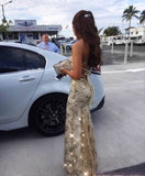 Mermaid Long Prom Dresses,Cross Back Evening Dress Gold Lace Party Dress Prom Gowns HZ0311