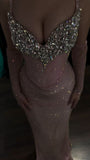 V neck Sheath Sequins Long Prom Dresses Pink Evening Dresses Party Dress Prom Gowns HZ0311