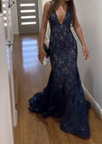 Mermaid Deep V-neck Wide Strap Floor Length Court Paillette Crochet Flower Prom Dresses Evening Dress HZ0311