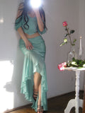 Classy Mermaid 2 Pieces Blue Chiffon With Short Sleeves Long Prom Dresses Inspo Senior Sweet 16 Birthday Outfits HZ0311