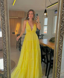 Modest A line Spaghetti Strap Yellow Tulle Sleeveless Prom Dress Long Prom Gown HZ0311