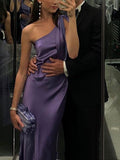 One Shoulder Purple Satin Mermaid Long Evening Prom Dresses HZ0311