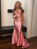 V Neck Pink Satin Mermaid Sleeveless Long Prom Dress For Women HZ0311