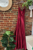Simple A Line Burgundy Satin Long Prom Dresses with High Slit Inspo Evening Dress HZ0311