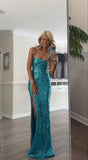 Modest Spaghetti Straps Sequins Blue Long Formal Prom Evening Dress HZ0311