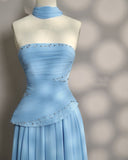Elegant A line Strapless Blue Evening Dress Women Party Long Formal Dresses Prom 16 Birthday Party Ladies Gown HZ0311