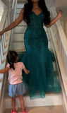 Dark Green Mermaid Tulle Lace Prom Dress Winter Gown Semi Formal Grad Long Prom Dress For Teens HZ0311